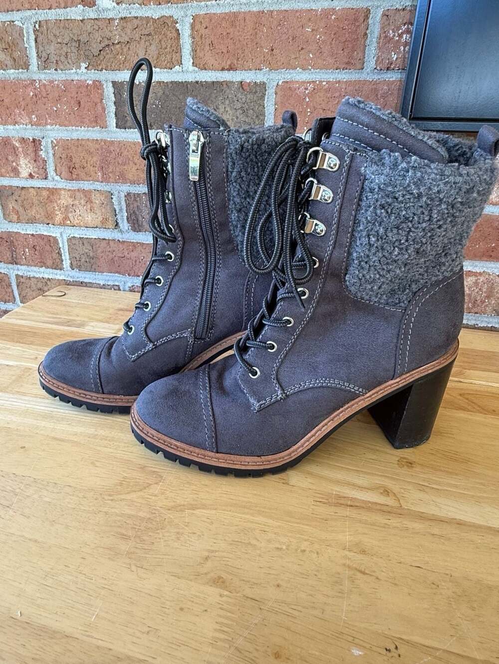 Nine West Women's Phaedra Dark Grey Suede Block Heel Combat Booties